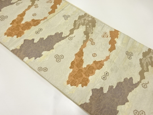 JAPANESE KIMONO / ANTIQUE FUKURO OBI / SILK / WOVEN MIST & PAULOWNIA & FLOWERS